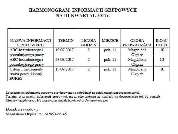 HARMONOGRAM  INFORMACJI GRUPOWYCH NA III KWARTAŁ 2017r.