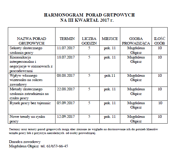 HARMONOGRAM  PORAD GRUPOWYCH NA III KWARTAŁ 2017 r.